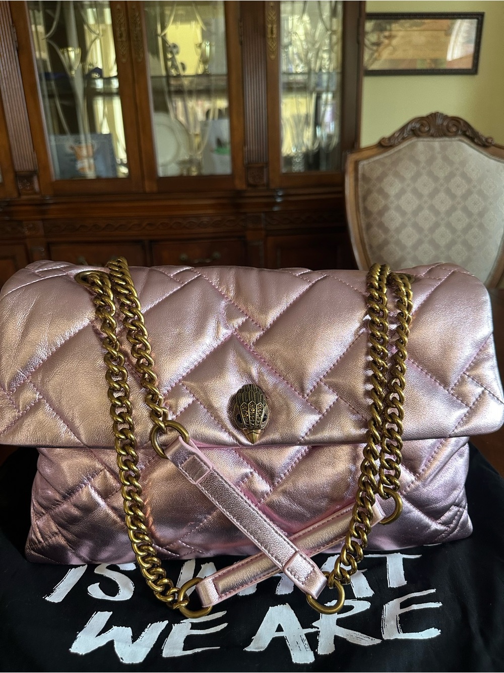 Quilted Metallic Pink Shoulder Bag with Gold Chain